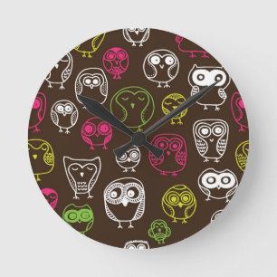 Colourful owl doodle background pattern round clock