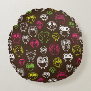 Colourful owl doodle background pattern round pillow