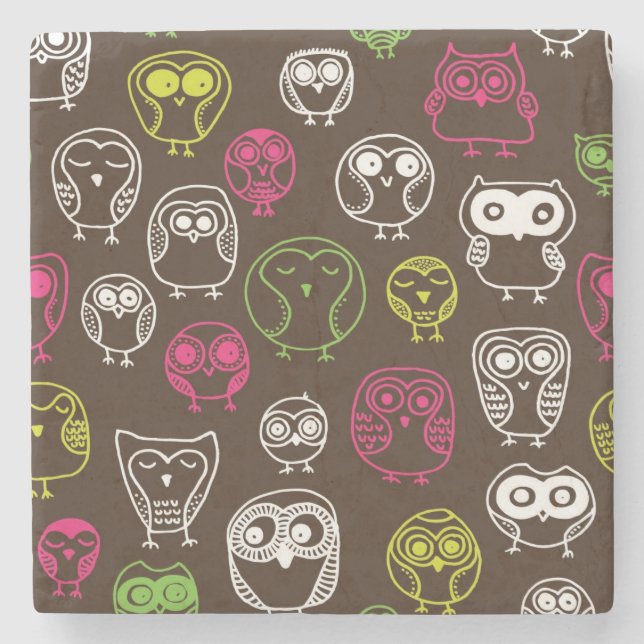 Colourful owl doodle background pattern stone coaster (Front)