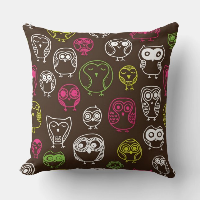 Colourful owl doodle background pattern throw pillow (Front)
