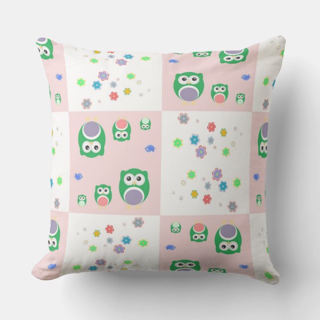 Colourful Owl Pattern For Kids Throw Pillow (Front)