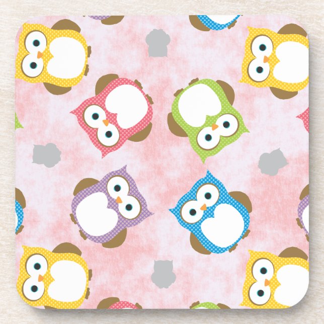 Colourful Owl pattern on a Pink Background Coaster (Front)