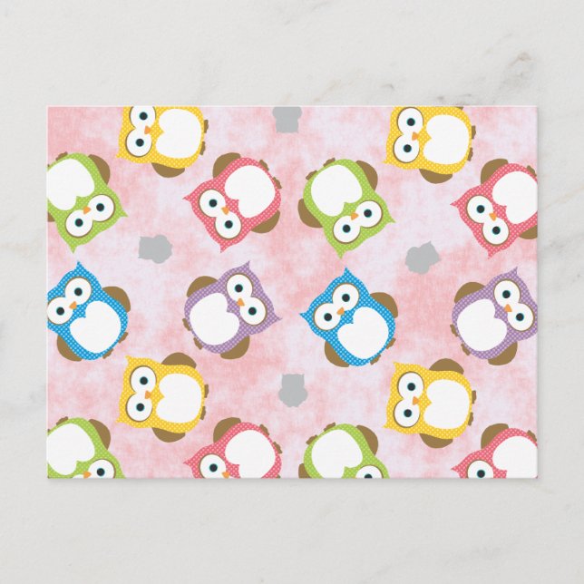 Colourful Owl pattern on a Pink Background Postcard (Front)