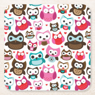 colourful owl pattern square paper coaster