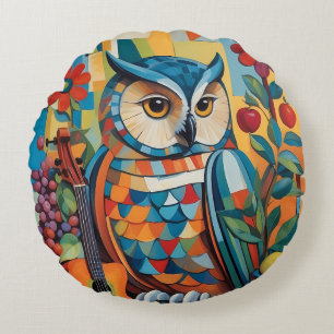 Colourful Owl Still life Portrait Round Pillow