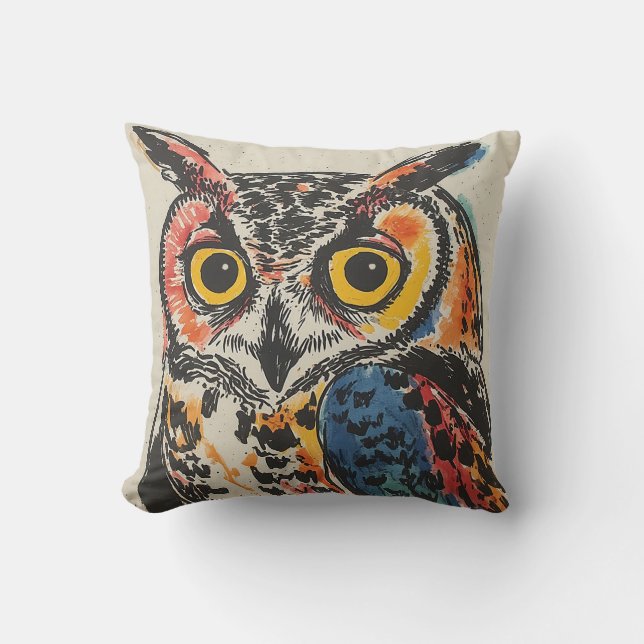 Colourful Owl Watercolor Throw Pillow (Front)