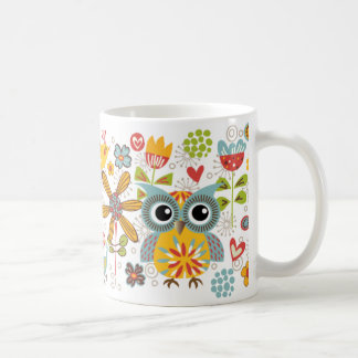 Colourful Owls and Flowers Happy Mug