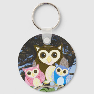 Colourful Owls in a Tree Keychain
