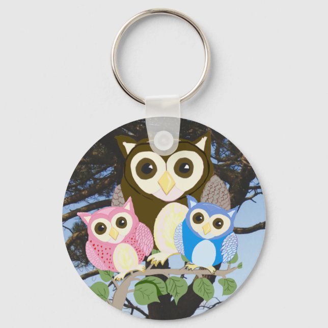 Colourful Owls in a Tree Keychain (Front)