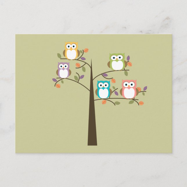 Colourful Owls in Pretty Tree To Do List Postcard (Front)