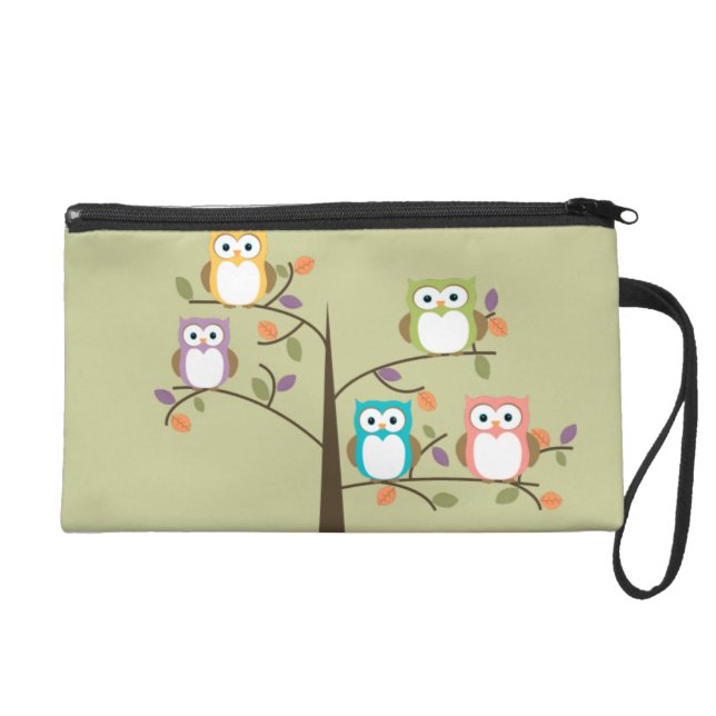 Colourful Owls in Pretty Tree Wristlet (Front)