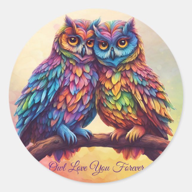 Colourful Owls-Love Birds- Valentines Day Gift- Classic Round Sticker (Front)
