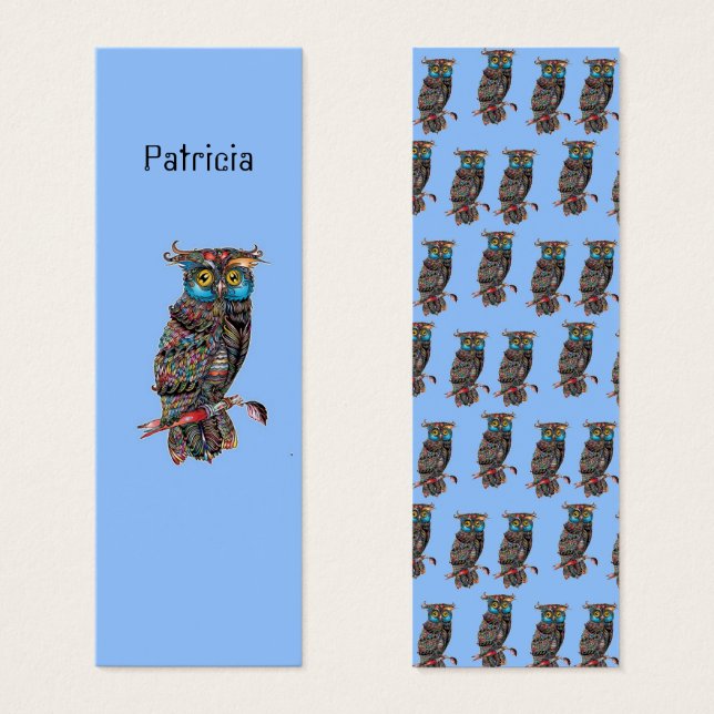 Colourful owls on blue monogram bookmark (Front & Back)