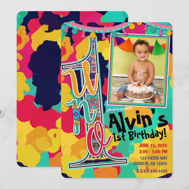 Colourful Paint Fiesta UNO 1st Birthday Party Phot Invitation (Front/Back)
