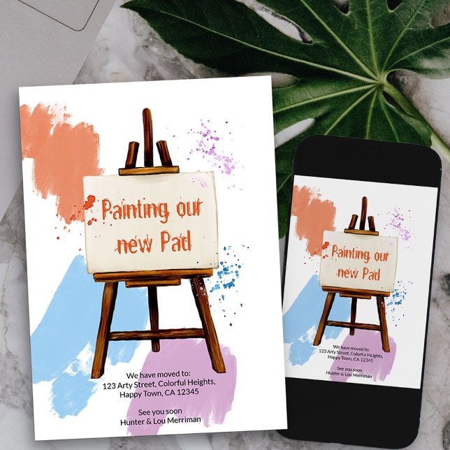 Colourful Paint Samples | Artist Easel Funny Movin Announcement (painting our new pad new address card available printed or as printable digital download)