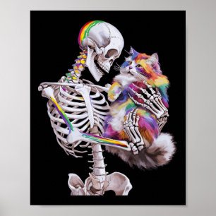 Colourful Paint Splash Cat And Skeleton Art Graphi Poster