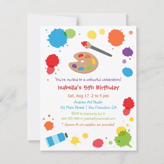 Colourful Paint Splats Painting Kids Birthday Part Invitation (Front)