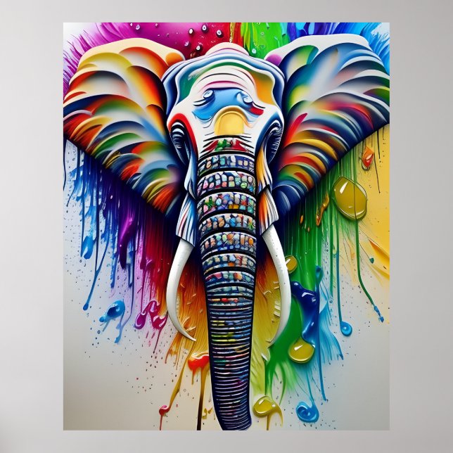 Colourful Paint Splatter African Elephant Poster (Front)