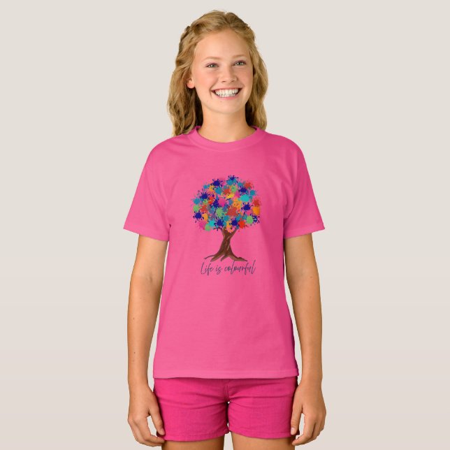 Colourful Paint Splatter Tree Girl Tshirt (Front Full)