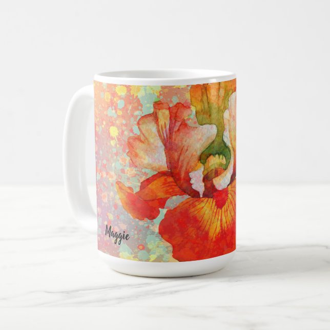 Colourful Paint Splattered Mug with Iris in Orange (Front Left)
