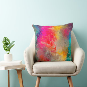 Colourful Paint Splattered on Concrete Throw Pillow