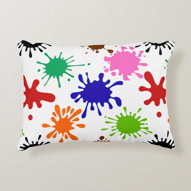 Colourful Paint Splatters Pattern in White Accent Pillow (Front)