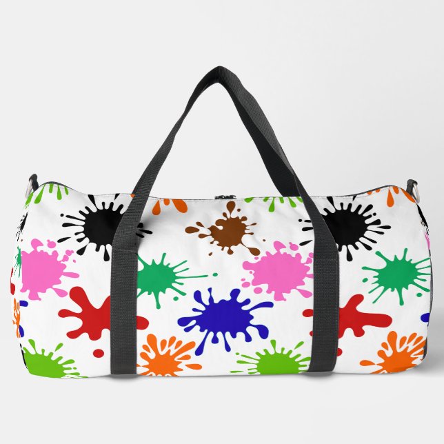 Colourful Paint Splatters Pattern in White Duffle Bag (Front)