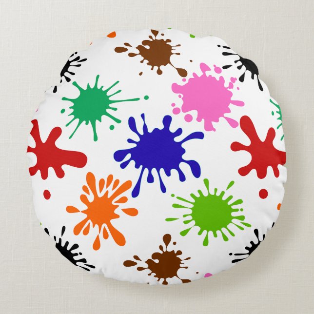 Colourful Paint Splatters Pattern in White Round Pillow (Front)