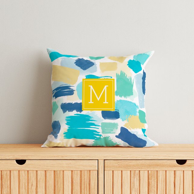 Colourful Paint Strokes and Yellow Monogram Throw Pillow (Creator Uploaded)