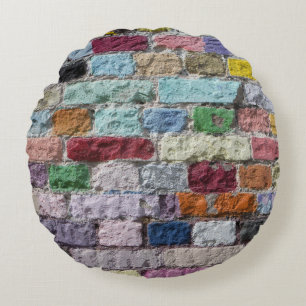 Colourful Painted Brick Wall Texture Round Pillow