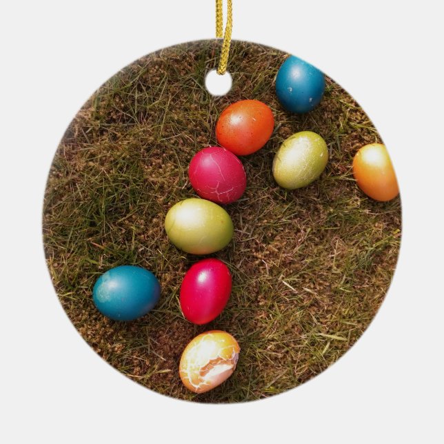 Colourful Painted Eggs in Garden, Easter Egg Ceramic Ornament (Front)