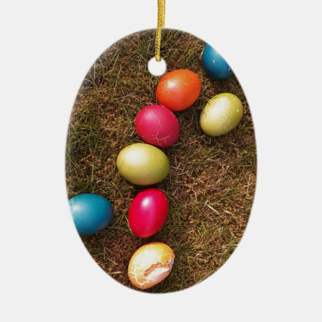 Colourful Painted Eggs in Garden, Easter Egg Ceramic Ornament (Front)
