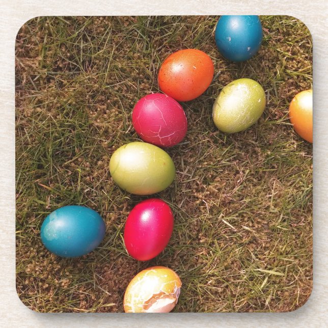 Colourful Painted Eggs in Garden, Easter Egg Coaster (Front)