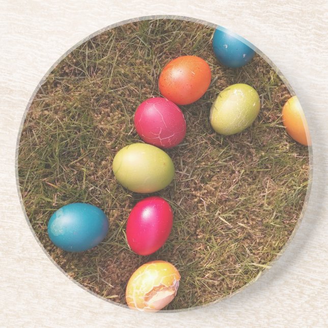 Colourful Painted Eggs in Garden, Easter Egg Coaster (Front)