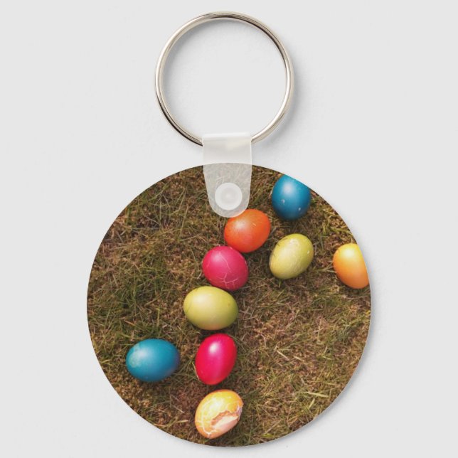 Colourful Painted Eggs in Garden, Easter Egg Keychain (Front)
