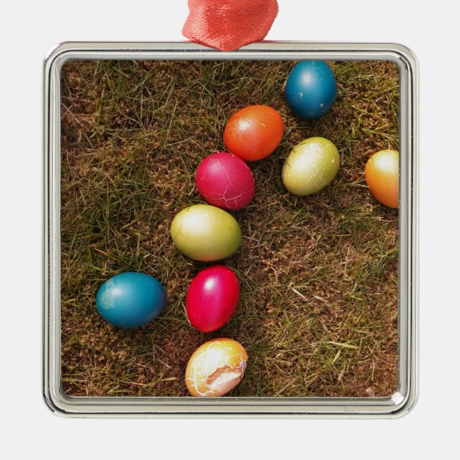 Colourful Painted Eggs in Garden, Easter Egg Metal Ornament (Front)
