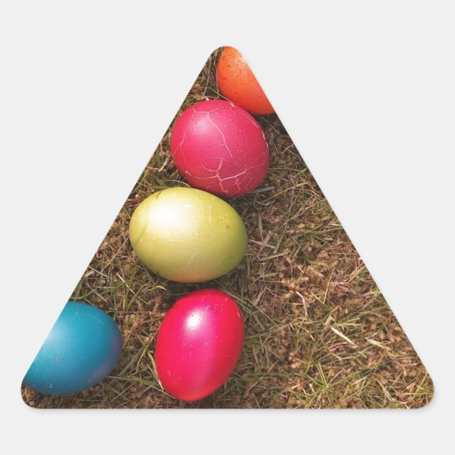 Colourful Painted Eggs in Garden, Easter Egg Triangle Sticker (Front)