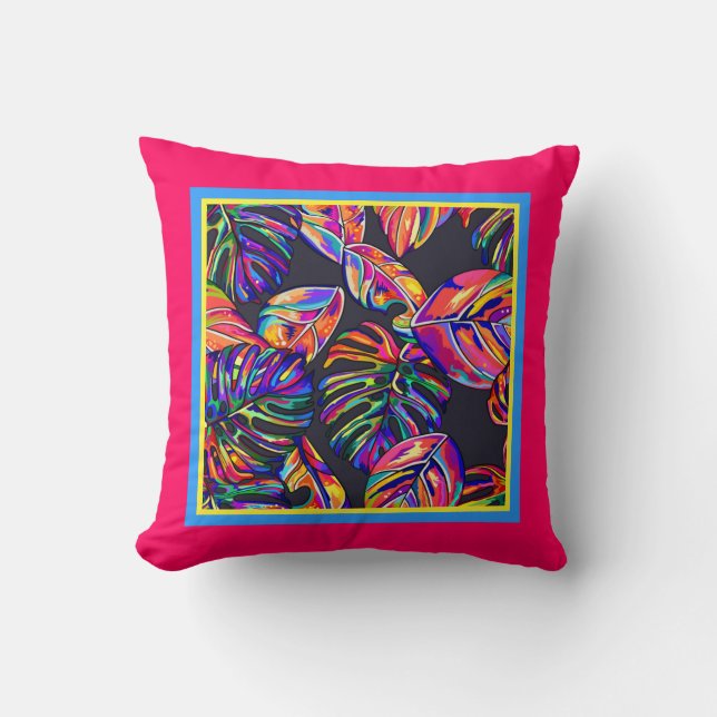 Colourful painted leaves on black w/ pink border throw pillow (Front)