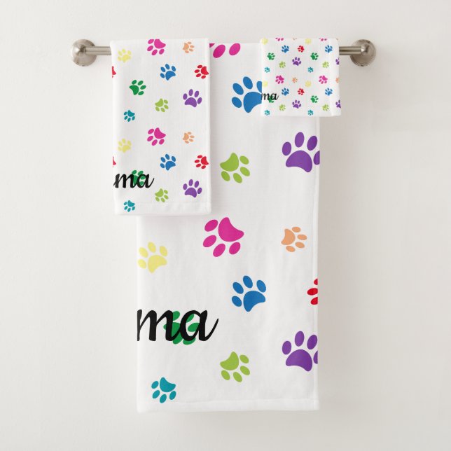 Colourful Painted Paw Prints Bath Towel Set (Insitu)