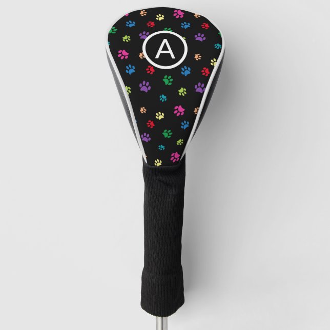 Colourful Painted Paw Prints Monogram Golf Head Cover (Front)