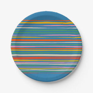 Colourful Painted Stripes on Blue Paper Plate