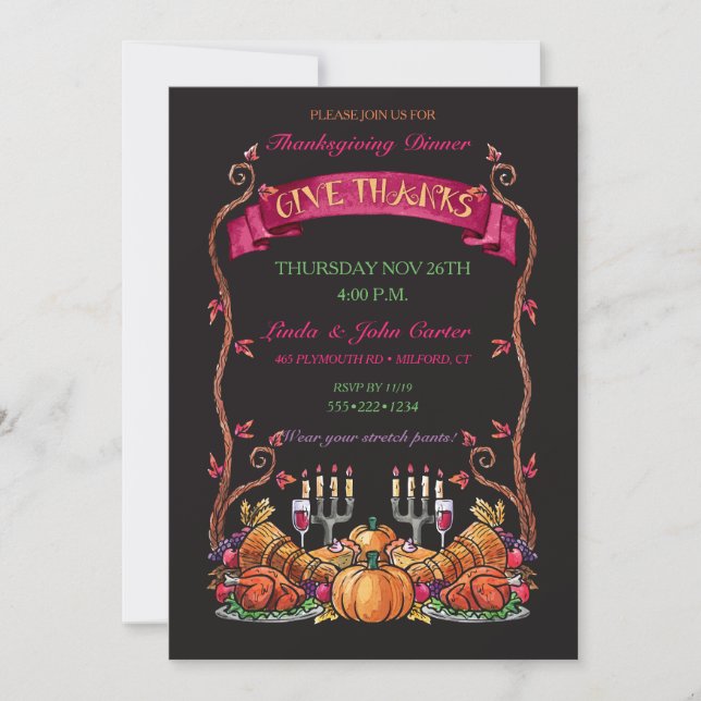 Colourful Painted Thanksgiving Dinner Hand Drawn Invitation (Front)