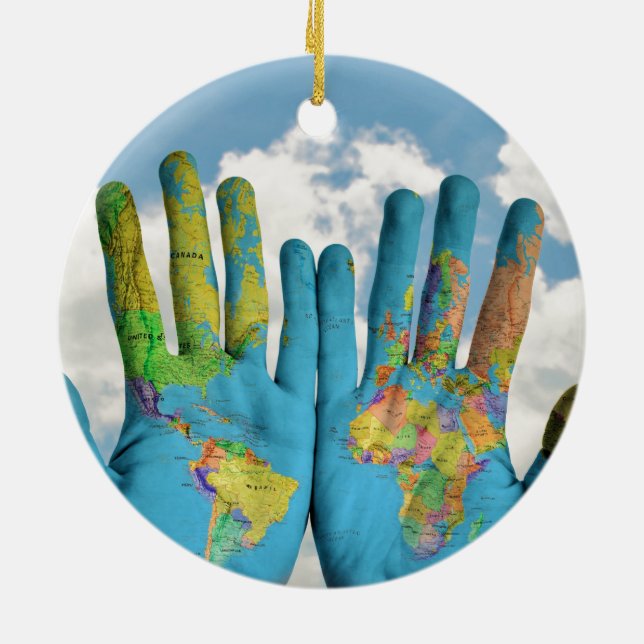 Colourful Painted World Map in Hands, Art Photo Ceramic Ornament (Back)