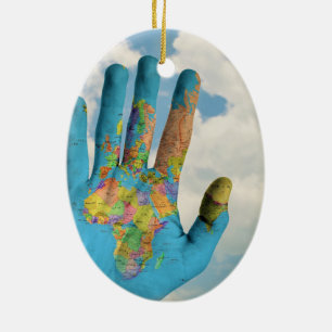 Colourful Painted World Map in Hands, Art Photo Ceramic Ornament