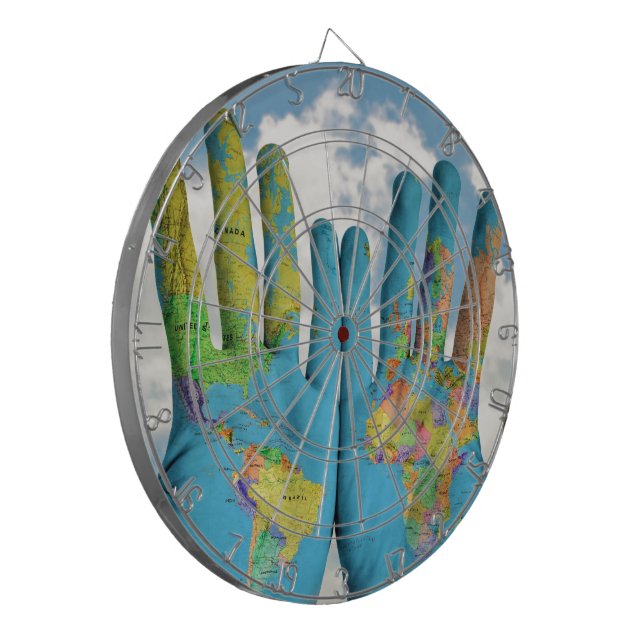 Colourful Painted World Map in Hands, Art Photo Dartboard (Front Left)