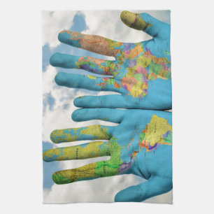 Colourful Painted World Map in Hands, Art Photo Kitchen Towel