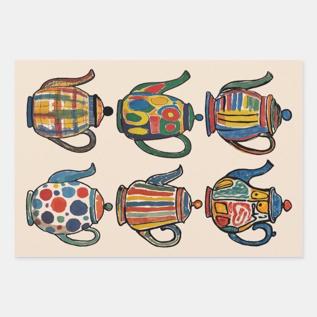 Colourful Painterly Teapot pattern Wrapping Paper Sheet (Front)