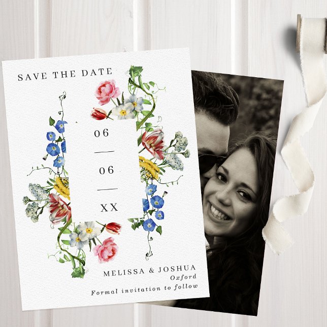 Colourful Painterly Wild Flowers Wedding Photo Save The Date (Creator Uploaded)