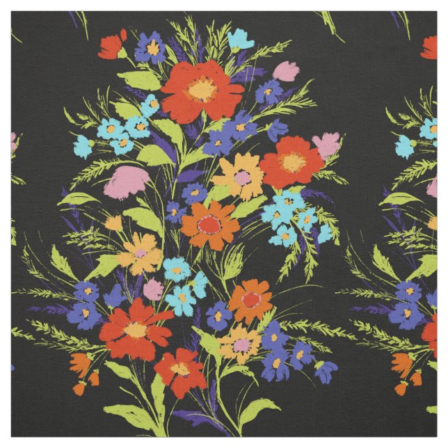 Colourful Painterly Wildflower Bouquet on Black Fabric (Swatch)