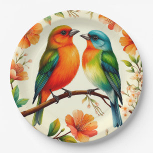 Colourful Pair of Birds Sitting Amid Vibrant Bloss Paper Plate